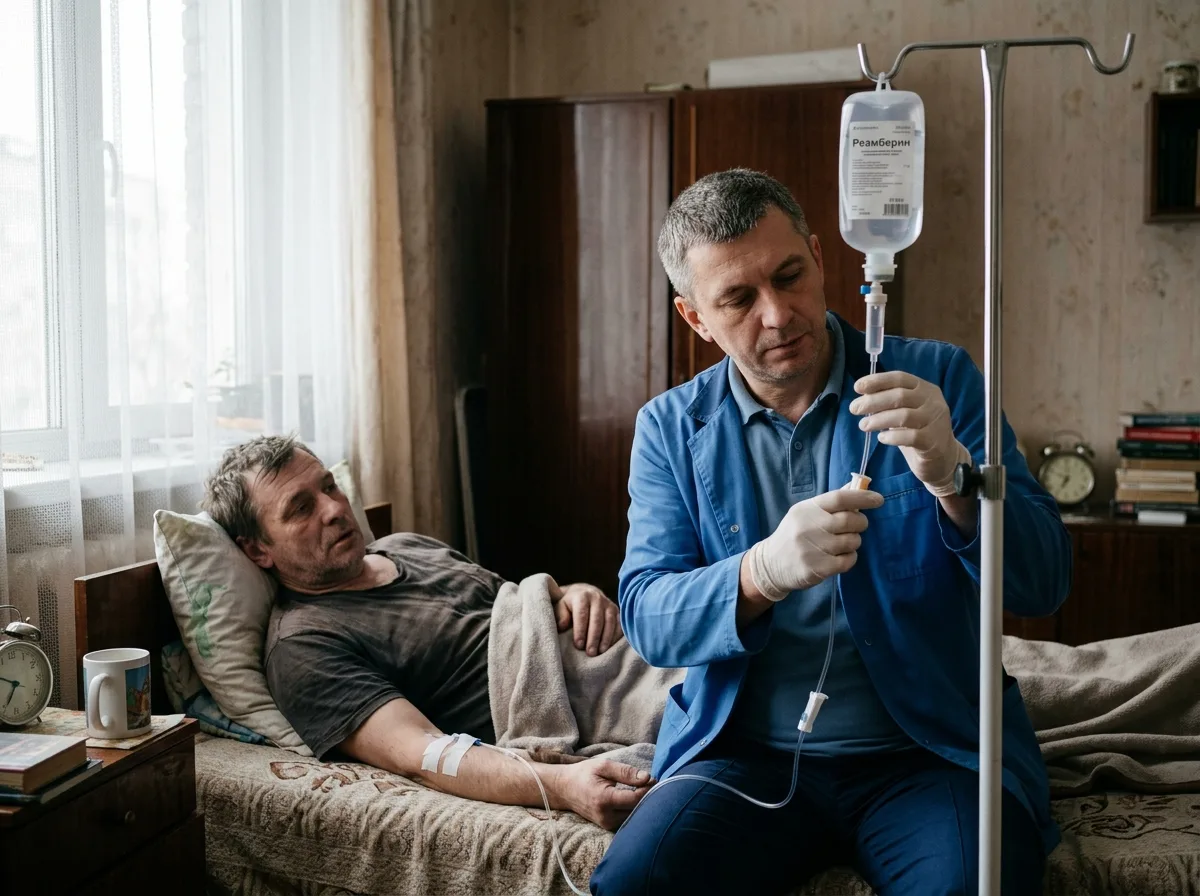 Врач-нарколог ставит капельницу для вывода из запоя пациенту дома в Екатеринбурге — медицинская процедура детоксикации, капельница, постельная обстановка