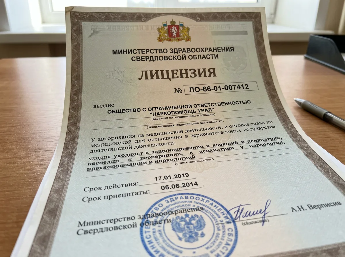 Медицинская лицензия ООО НаркоПомощь Урал № ЛО-66-01-007412 Министерство здравоохранения Свердловской области — официальный документ крупным планом