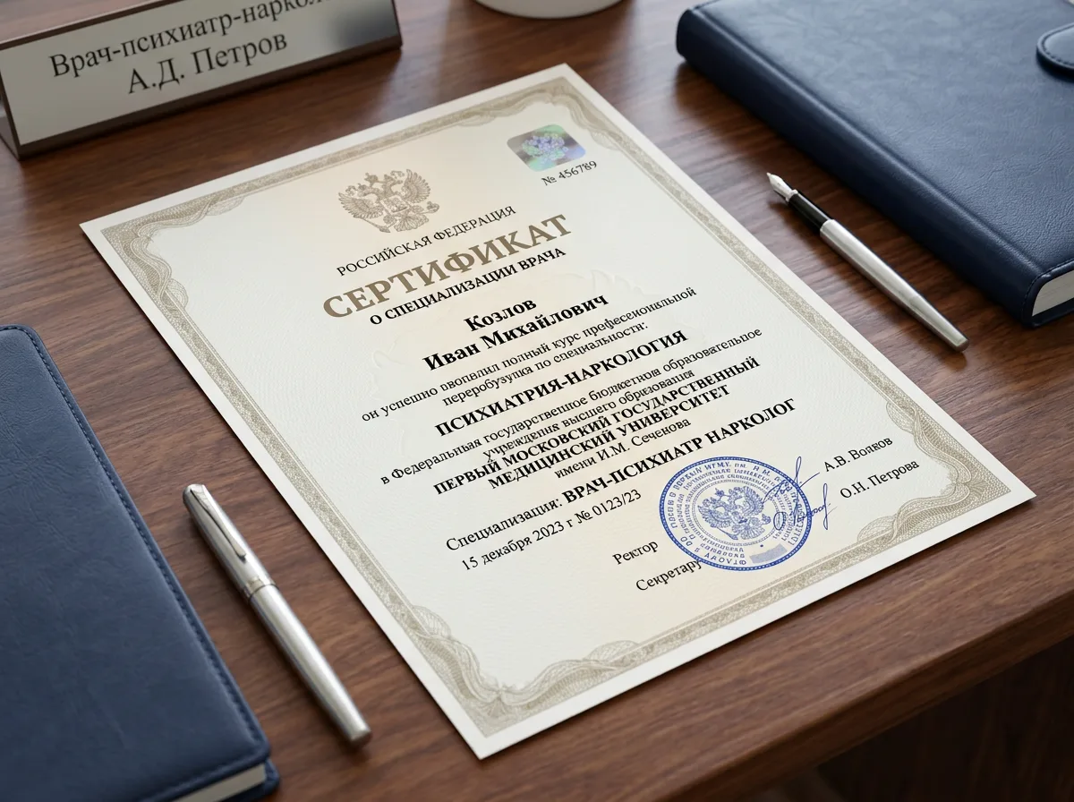 Сертификат специалиста врача-психиатра нарколога — документ государственного образца с печатью медицинского университета