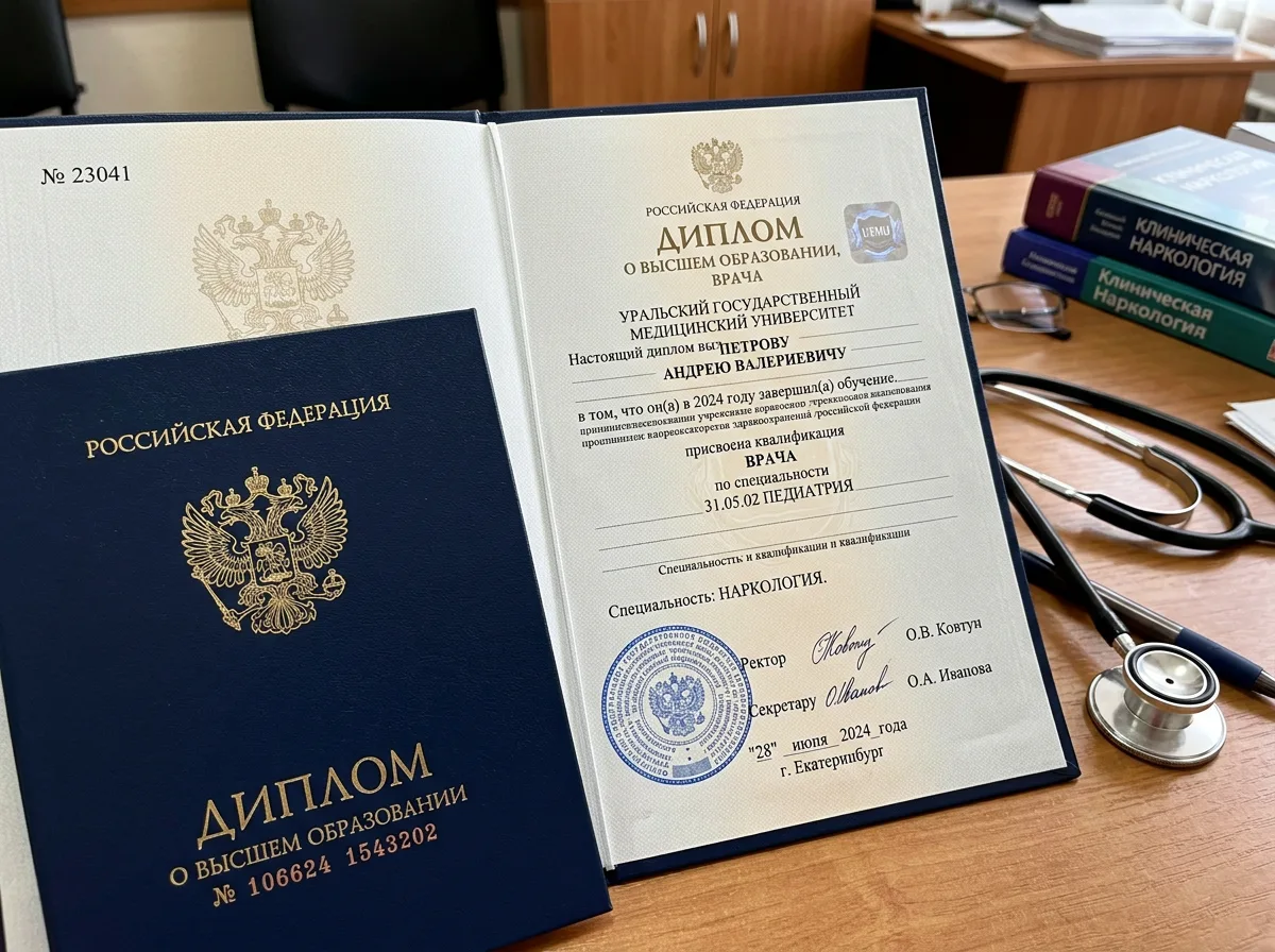 Диплом о высшем медицинском образовании врача-нарколога — Уральский государственный медицинский университет, специальность наркология